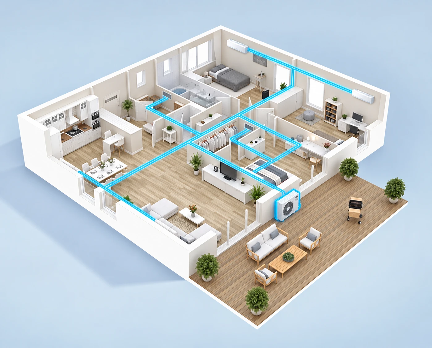Planta ilustrativa com unidade externa conectada às linhas e aos equipamentos internos em diferentes ambientes