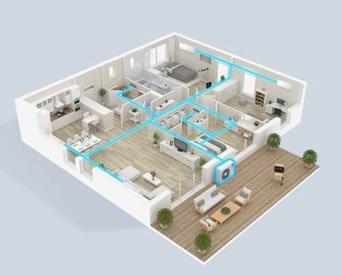 Planta ilustrativa com unidade externa conectada às linhas e aos equipamentos internos em diferentes ambientes